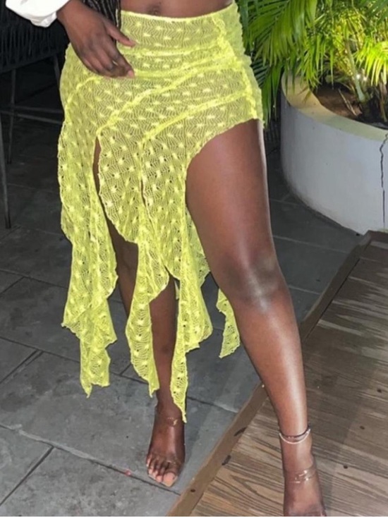 Kim Shui Dresses & Skirts - Kim Shui Neon Yellow Crochet Asymmetrical Fringe Skirt